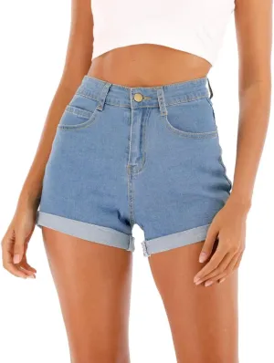 Cuihur Women's Summer Casual Denim High Waisted Folded Hem Jeans Shorts for Juniors