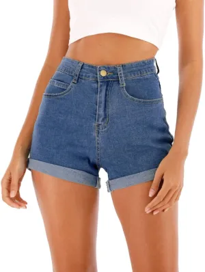 Cuihur Women's Summer Casual Denim High Waisted Folded Hem Jeans Shorts for Juniors