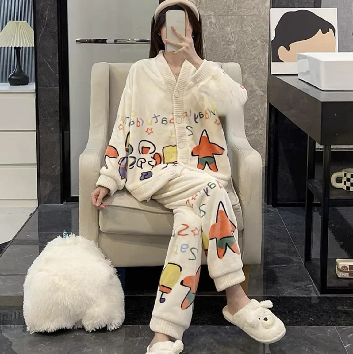 Cute Pjs for Women Set Kawaii Pajama Sets Soft Knit Sweater Sleepwear Fuzzy Pajama Pants Cozy Lounge Set Kawaii Pjs