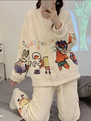 Cute Pjs for Women Set Kawaii Pajama Sets Soft Knit Sweater Sleepwear Fuzzy Pajama Pants Cozy Lounge Set Kawaii Pjs