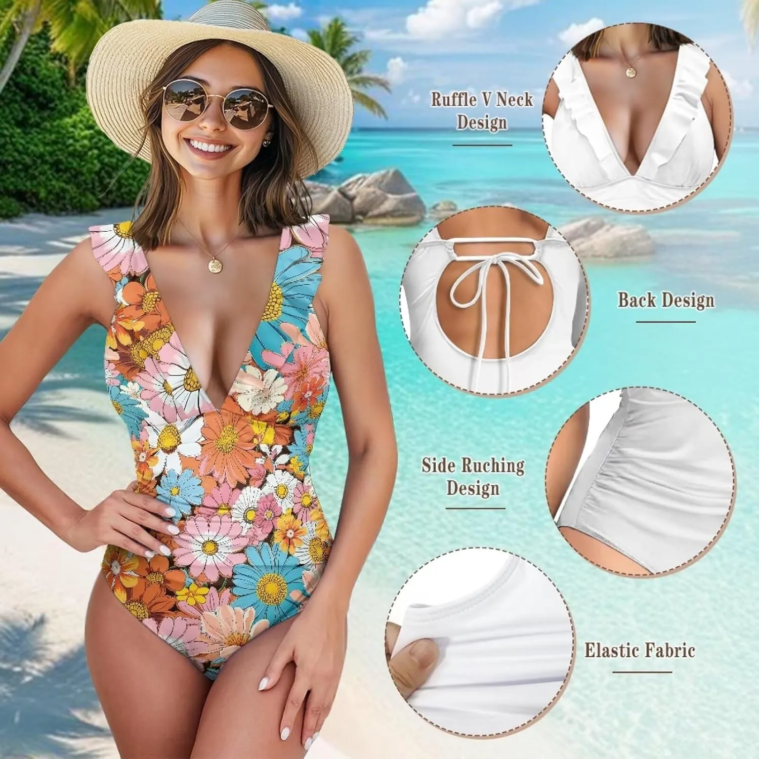 Deep V Neck Bathing Suits for Women Ruffle Swim Suits for Women 2025 Tummy Control Ruch Flower Floral