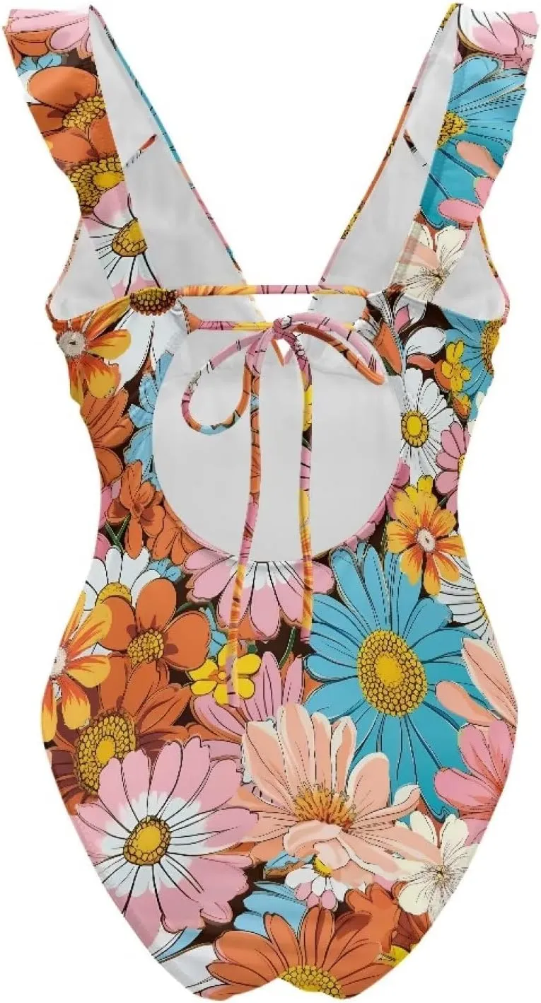 Deep V Neck Bathing Suits for Women Ruffle Swim Suits for Women 2025 Tummy Control Ruch Flower Floral