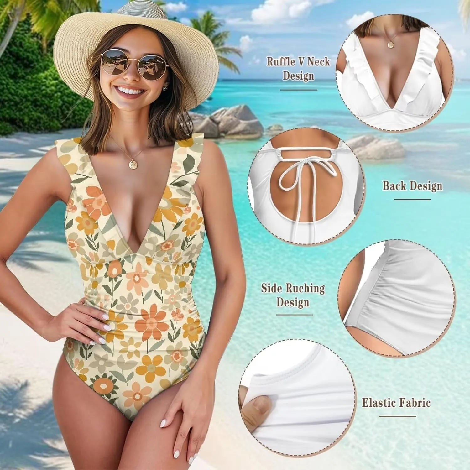 Deep V Neck Bathing Suits for Women Ruffle Swim Suits for Women 2025 Tummy Control Ruch Flower Floral
