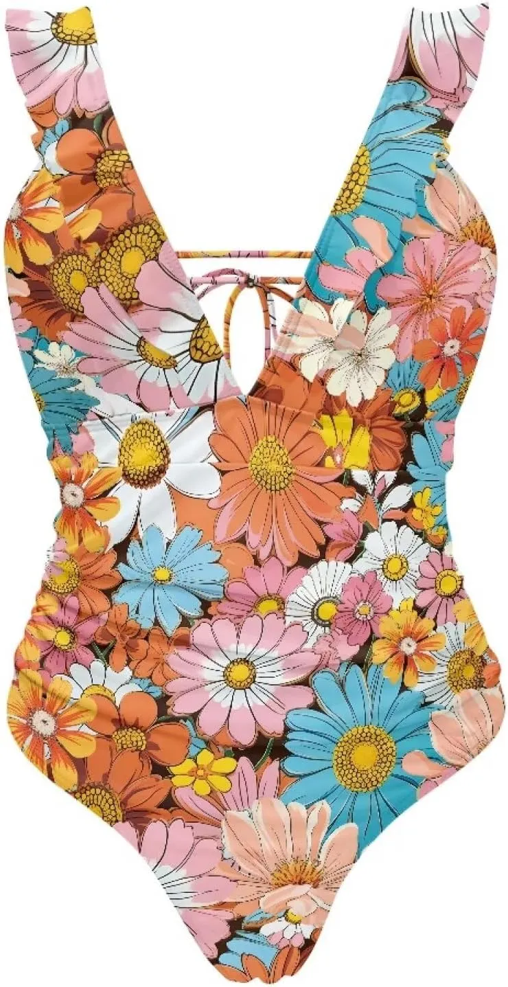 Deep V Neck Bathing Suits for Women Ruffle Swim Suits for Women 2025 Tummy Control Ruch Flower Floral