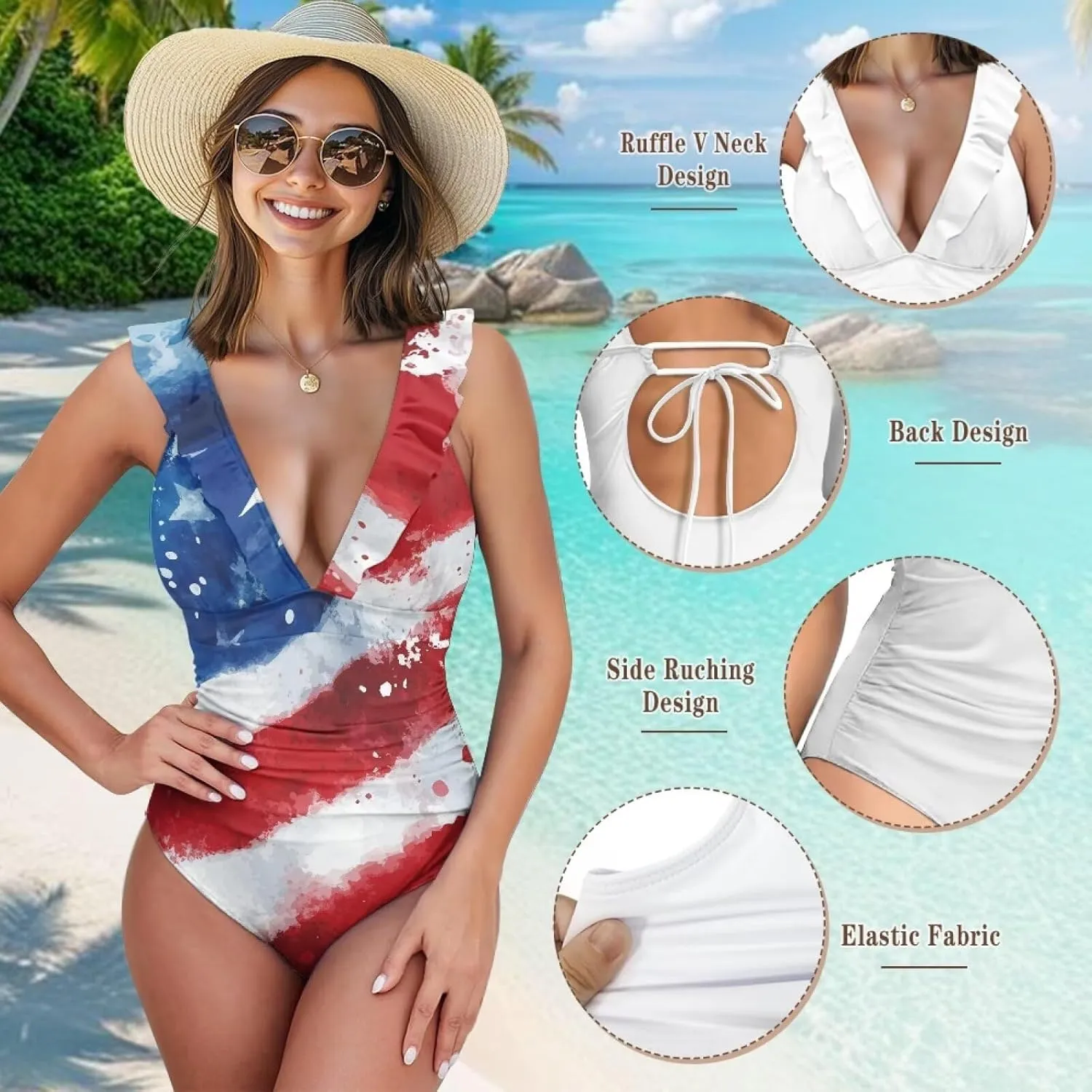 Deep V Neck Bathing Suits for Women Ruffle Swim Suits for Women 2025 Tummy Control Ruch Flower Floral