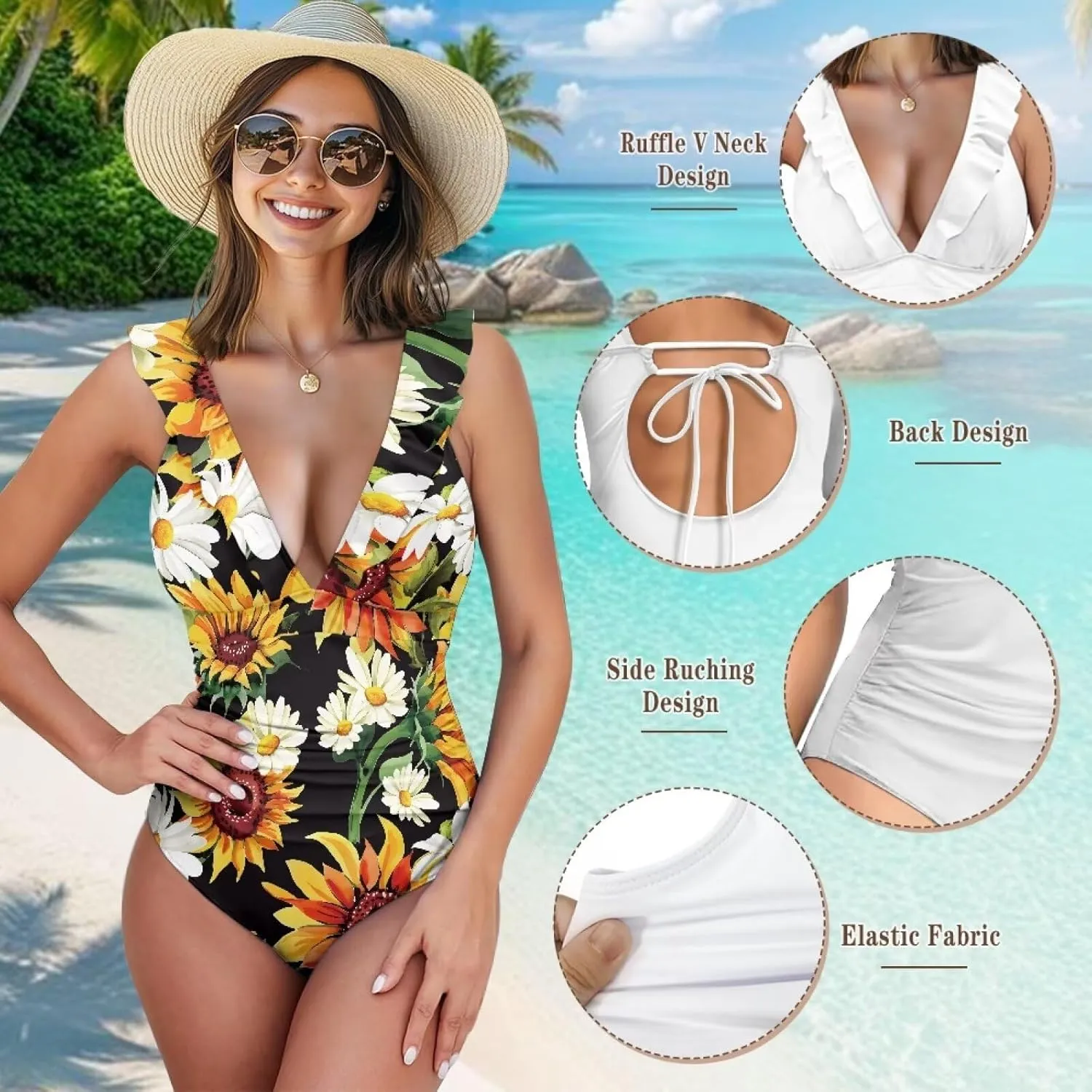 Deep V Neck Bathing Suits for Women Ruffle Swim Suits for Women 2025 Tummy Control Ruch Flower Floral