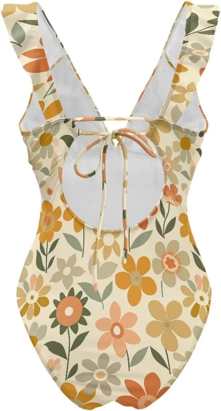 Deep V Neck Bathing Suits for Women Ruffle Swim Suits for Women 2025 Tummy Control Ruch Flower Floral