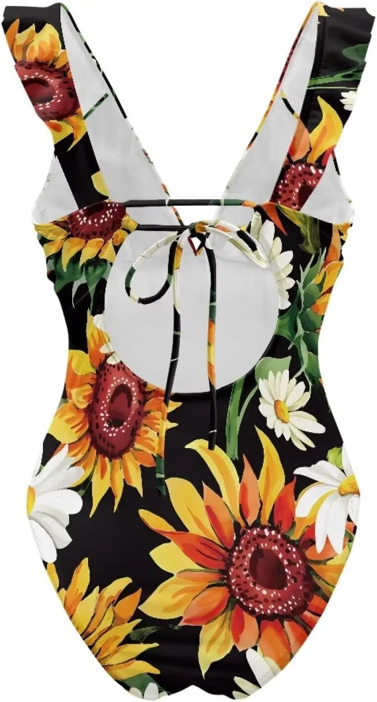 Deep V Neck Bathing Suits for Women Ruffle Swim Suits for Women 2025 Tummy Control Ruch Flower Floral