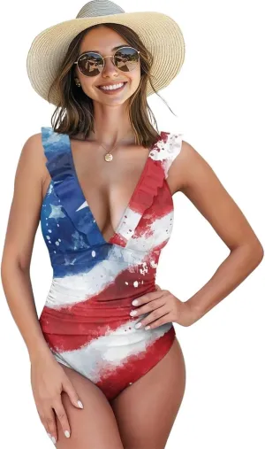 Deep V Neck Bathing Suits for Women Ruffle Swim Suits for Women 2025 Tummy Control Ruch Flower Floral