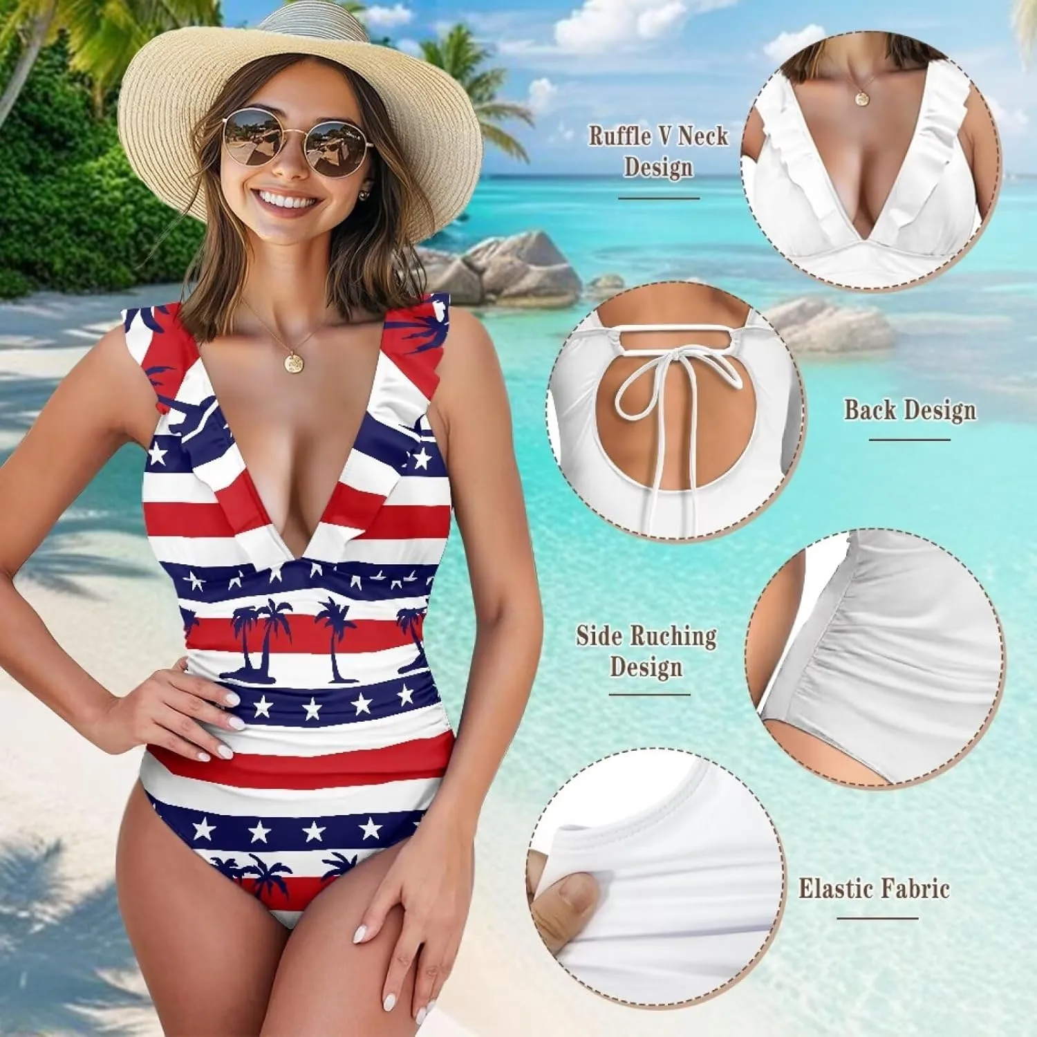 Deep V Neck Bathing Suits for Women Ruffle Swim Suits for Women 2025 Tummy Control Ruch Flower Floral