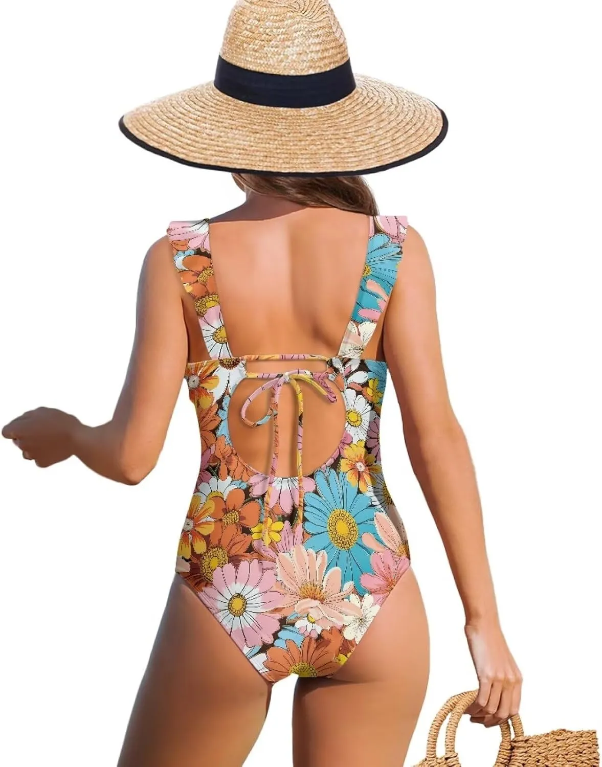 Deep V Neck Bathing Suits for Women Ruffle Swim Suits for Women 2025 Tummy Control Ruch Flower Floral