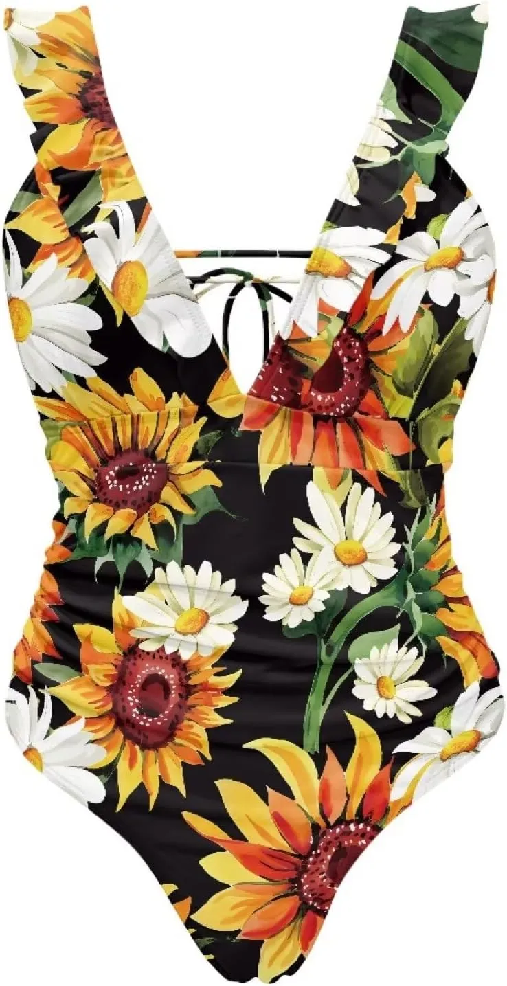 Deep V Neck Bathing Suits for Women Ruffle Swim Suits for Women 2025 Tummy Control Ruch Flower Floral