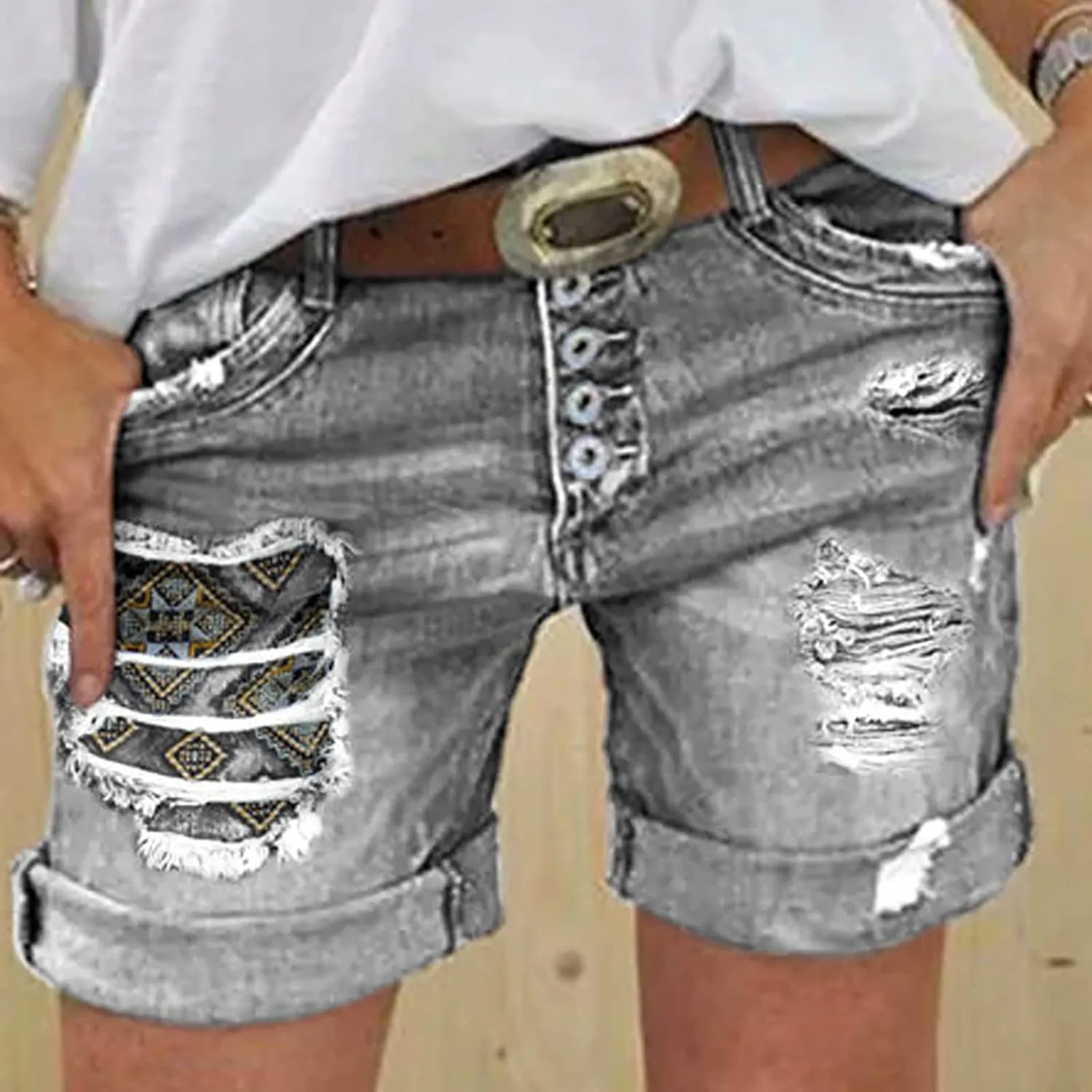 Denim Shorts Women Mid Rise Ripped Jean Shorts Stretchy Folded Hem Hot Short Jeans