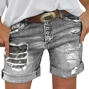 Denim Shorts Women Mid Rise Ripped Jean Shorts Stretchy Folded Hem Hot Short Jeans