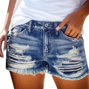 Denim Shorts Women Mid Rise Ripped Jean Shorts Stretchy Folded Hem Hot Short Jeans