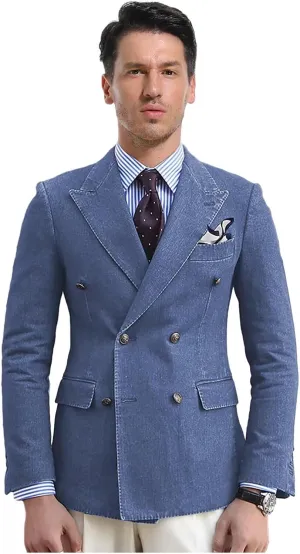 Denim Suits for Men 2 Piece Double Breasted Peak Lapel Blazer Pants Visible Thread Sewing Tuxedos for Wedding