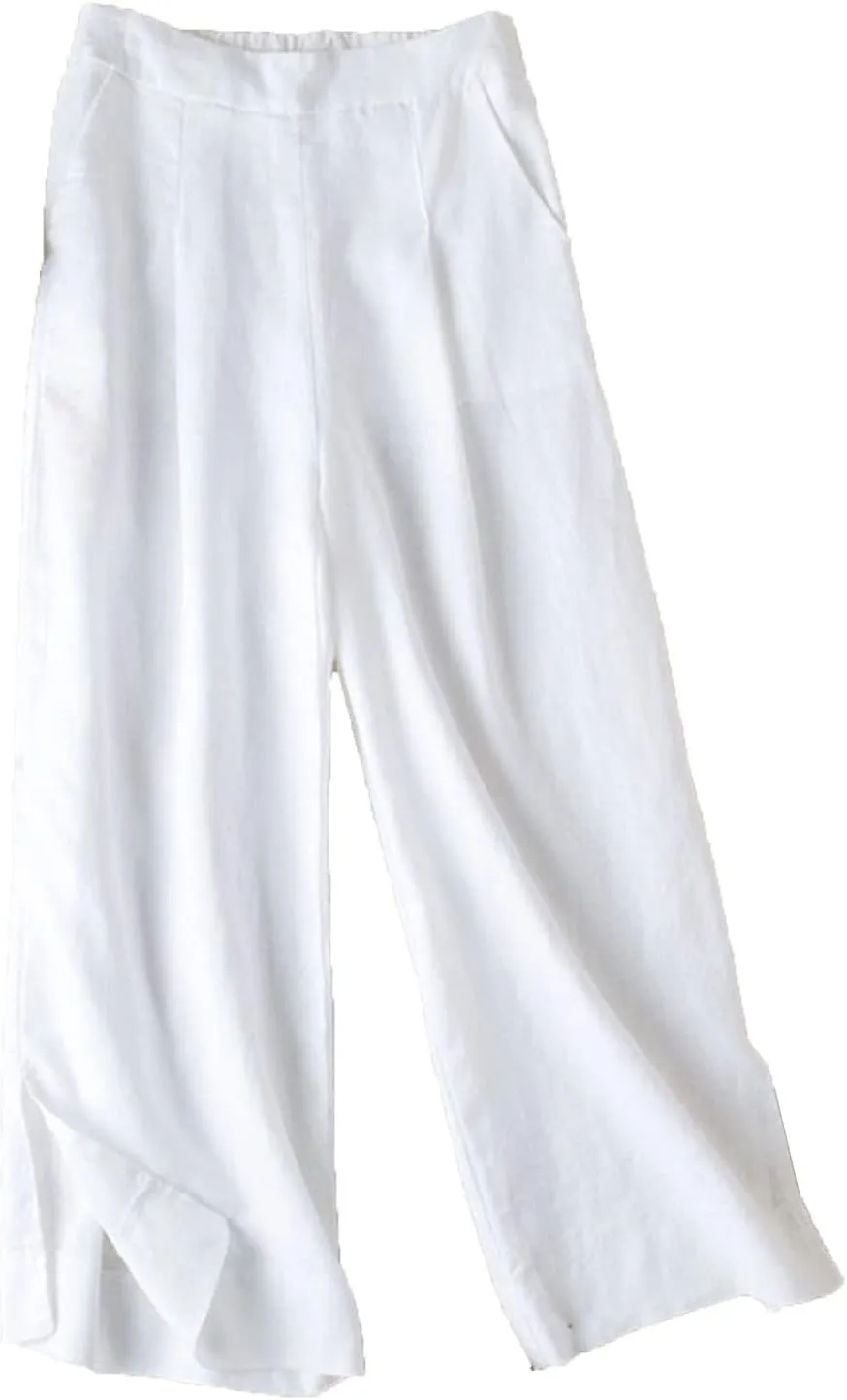 DGHM-JLMY Ladies Hakama Loose Casual Linen Wide Leg Pants Two-Layer Ankle Capris Trousers Comfy Solid Literary Style Pants