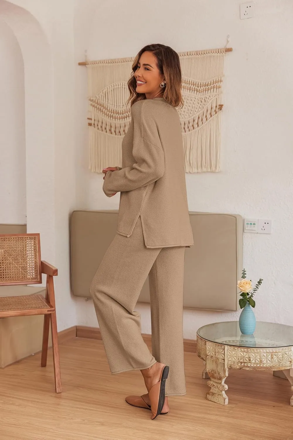 Ekouaer Pajama Set for Women 2 Piece Winter Matching Outfits Soft Knit Loungewear Sweater Sets