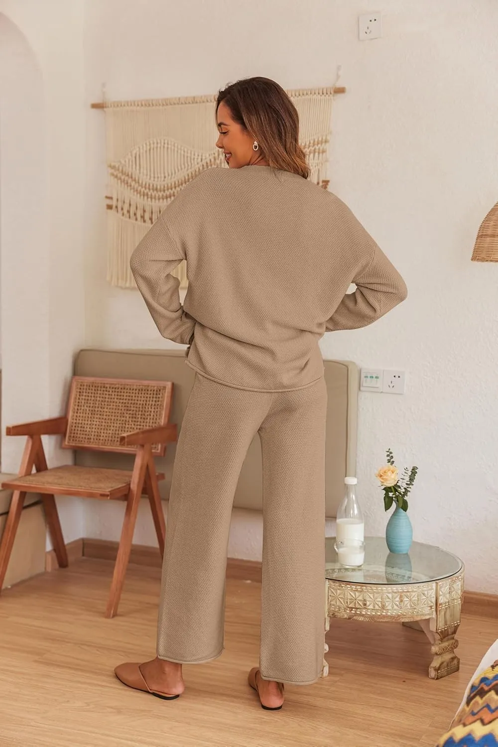 Ekouaer Pajama Set for Women 2 Piece Winter Matching Outfits Soft Knit Loungewear Sweater Sets