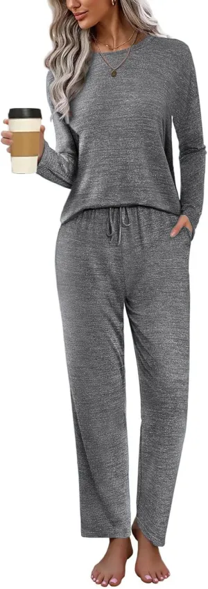 Ekouaer Pajama Set Womens Long Sleeve Sleepwear Pullover Top and Pants Cozy Loungewear Soft Pjs Lounge Set with Pockets S-XXL
