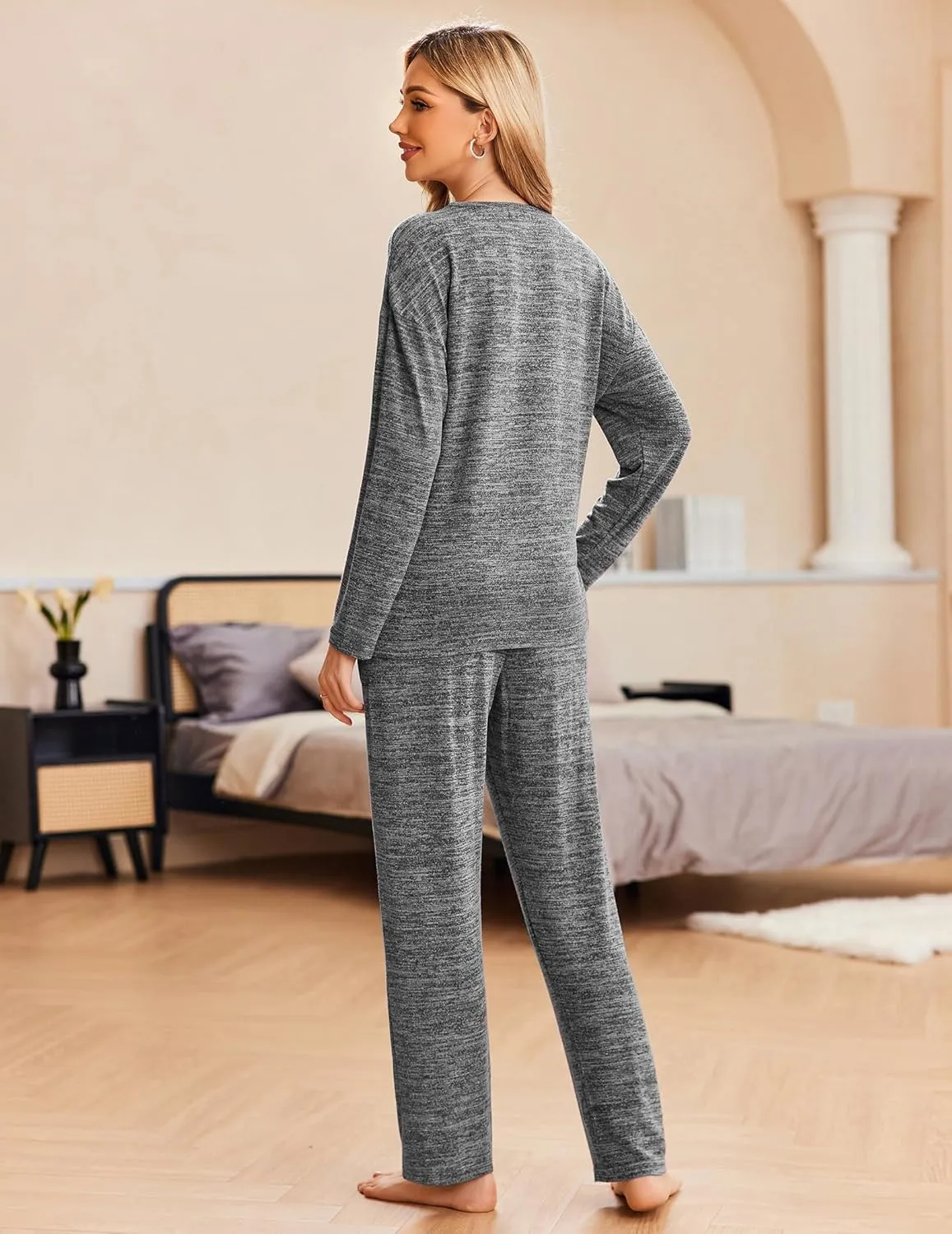 Ekouaer Pajama Set Womens Long Sleeve Sleepwear Pullover Top and Pants Cozy Loungewear Soft Pjs Lounge Set with Pockets S-XXL
