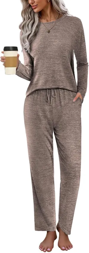 Ekouaer Pajama Set Womens Long Sleeve Sleepwear Pullover Top and Pants Cozy Loungewear Soft Pjs Lounge Set with Pockets S-XXL
