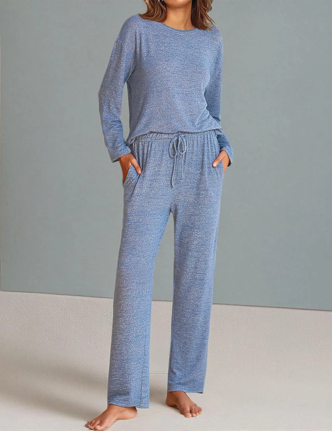 Ekouaer Pajama Set Womens Long Sleeve Sleepwear Pullover Top and Pants Cozy Loungewear Soft Pjs Lounge Set with Pockets S-XXL