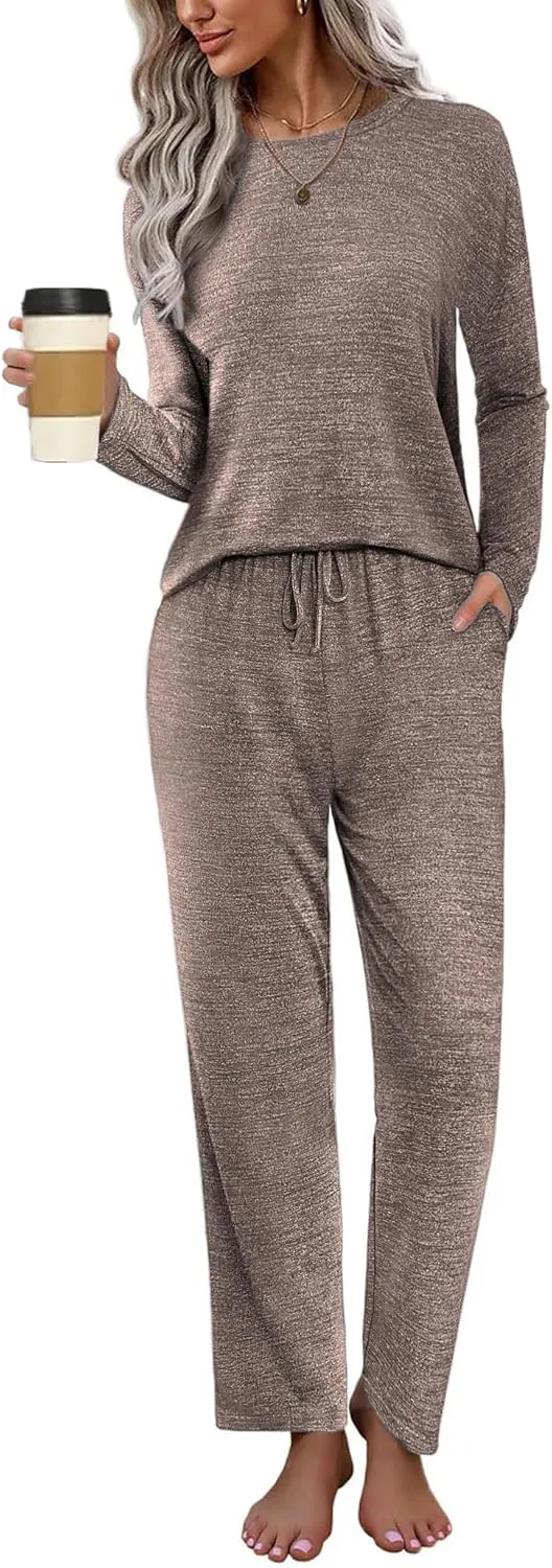 Ekouaer Pajama Set Womens Long Sleeve Sleepwear Pullover Top and Pants Cozy Loungewear Soft Pjs Lounge Set with Pockets S-XXL