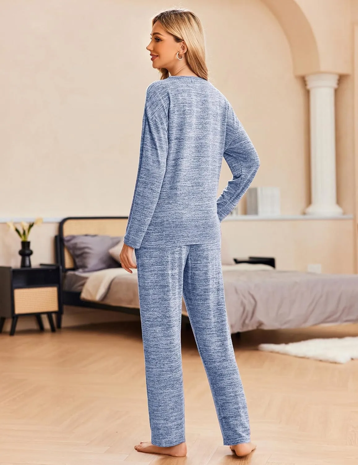 Ekouaer Pajama Set Womens Long Sleeve Sleepwear Pullover Top and Pants Cozy Loungewear Soft Pjs Lounge Set with Pockets S-XXL