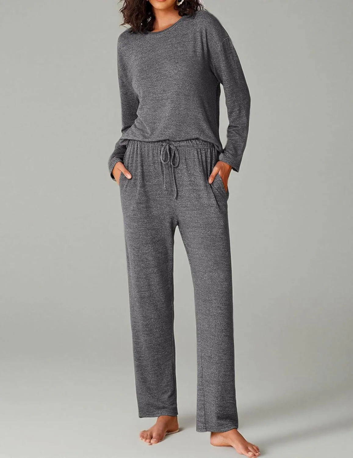 Ekouaer Pajama Set Womens Long Sleeve Sleepwear Pullover Top and Pants Cozy Loungewear Soft Pjs Lounge Set with Pockets S-XXL