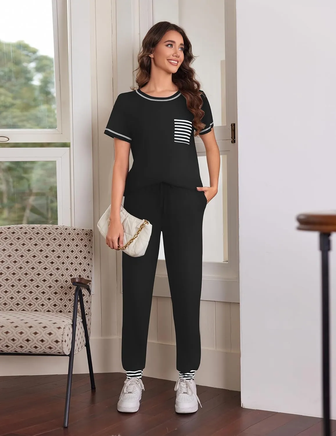 Ekouaer Pajama Sets for Women Short Sleeve Pjs Sets 2 Piece Loungewear Sleepwear with Long Joggers Pants