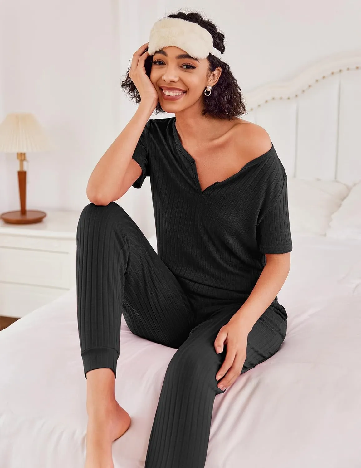 Ekouaer Pajama Sets for Womens Rib Knit 2 Piece Pjs Jogger Pants Short Sleeve Sleepwear Lounge Set with Pockets