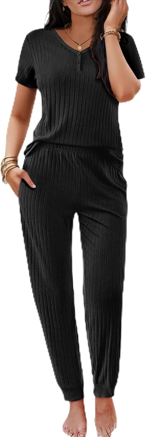 Ekouaer Pajama Sets for Womens Rib Knit 2 Piece Pjs Jogger Pants Short Sleeve Sleepwear Lounge Set with Pockets