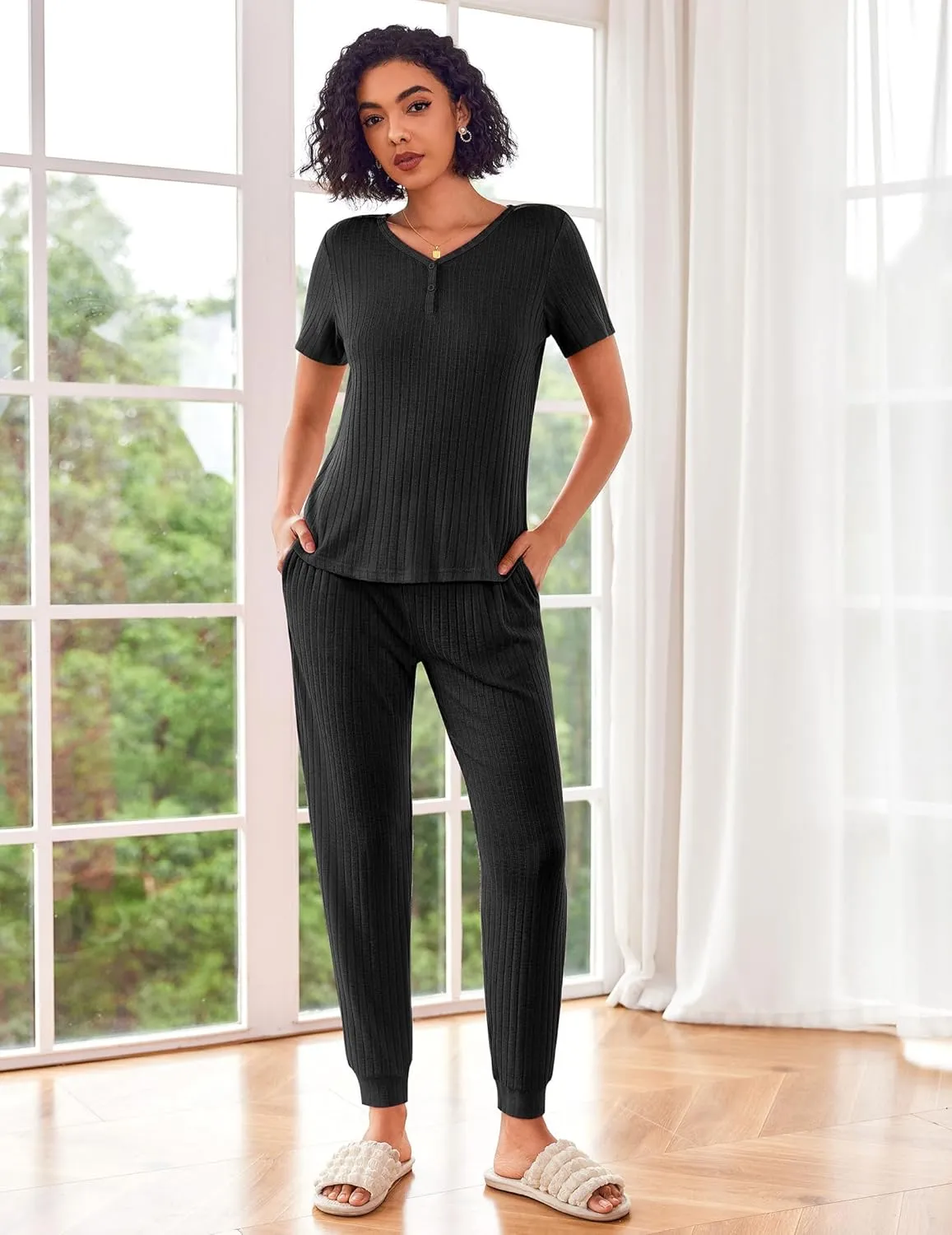 Ekouaer Pajama Sets for Womens Rib Knit 2 Piece Pjs Jogger Pants Short Sleeve Sleepwear Lounge Set with Pockets