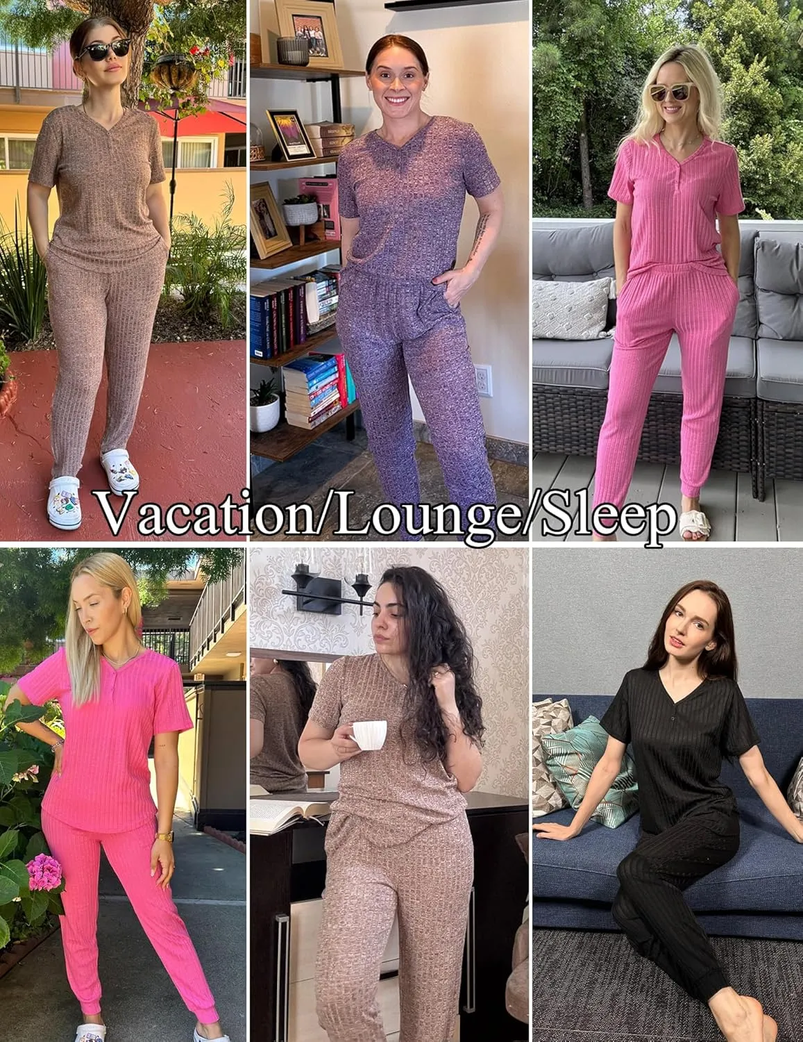 Ekouaer Pajama Sets for Womens Rib Knit 2 Piece Pjs Jogger Pants Short Sleeve Sleepwear Lounge Set with Pockets