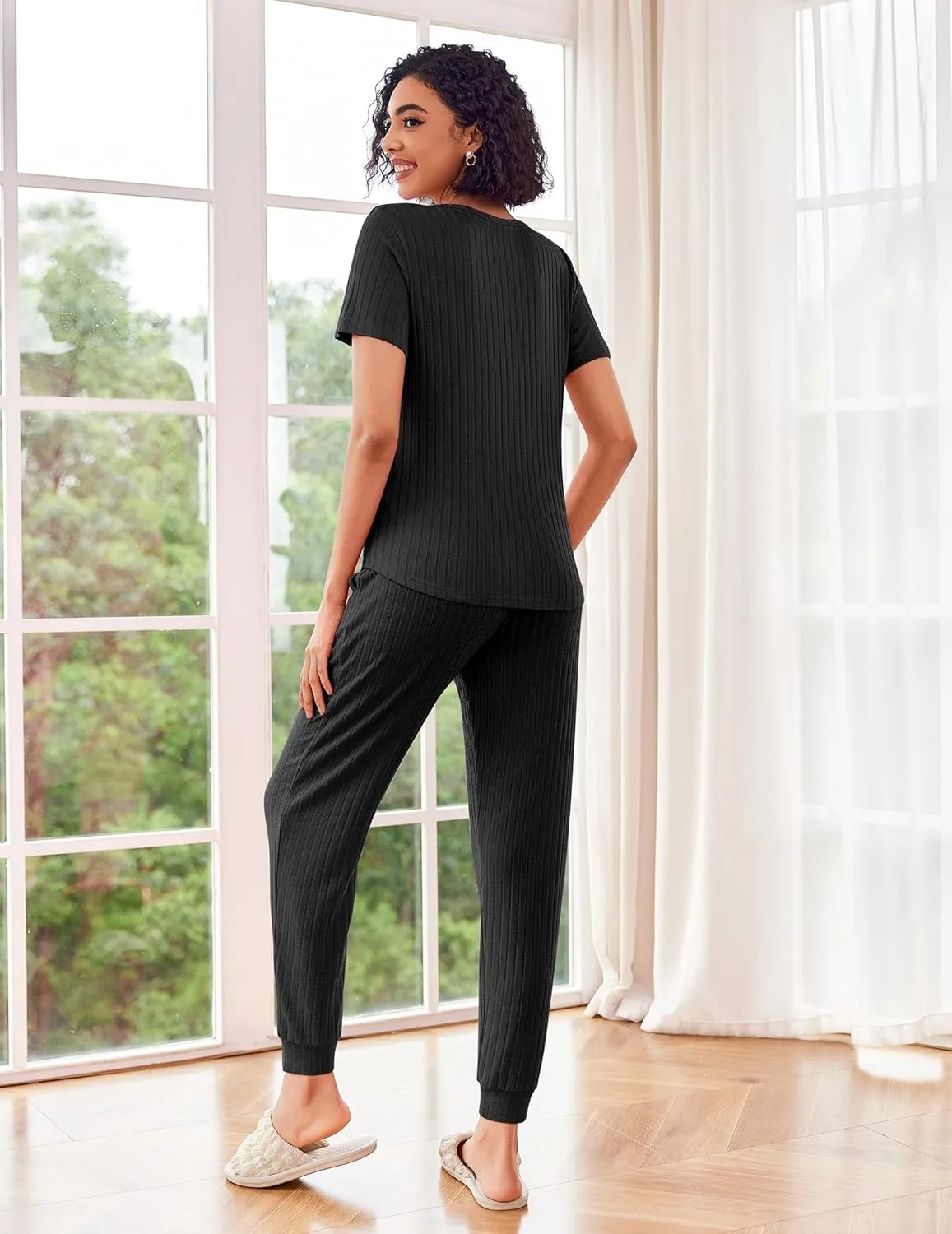 Ekouaer Pajama Sets for Womens Rib Knit 2 Piece Pjs Jogger Pants Short Sleeve Sleepwear Lounge Set with Pockets