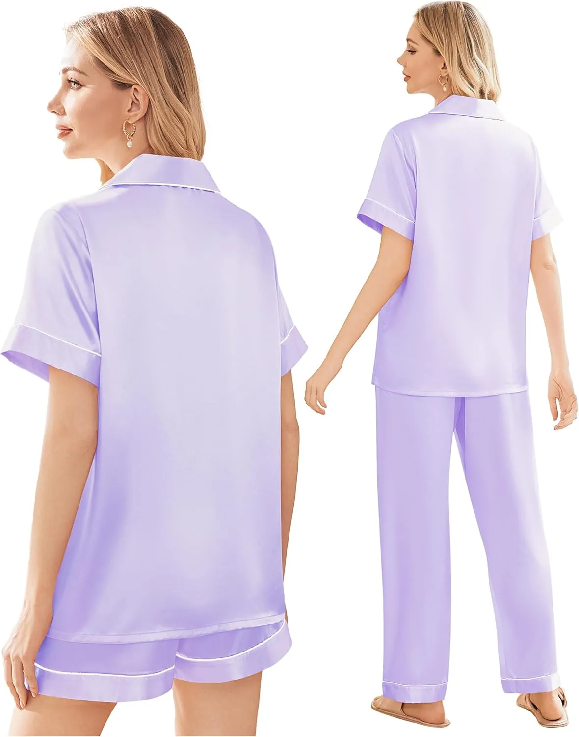 Ekouaer Silk Satin Pajama Set for Women Soft Short Sleeve Button Down Pj Sets 3 Piece Sleepwear Loungewear S-XXL