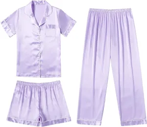 Ekouaer Silk Satin Pajama Set for Women Soft Short Sleeve Button Down Pj Sets 3 Piece Sleepwear Loungewear S-XXL
