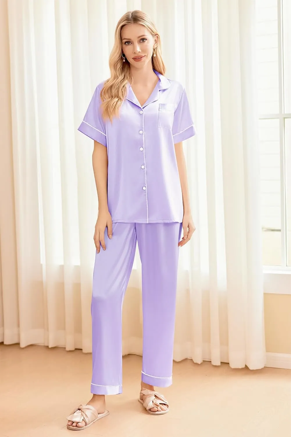 Ekouaer Silk Satin Pajama Set for Women Soft Short Sleeve Button Down Pj Sets 3 Piece Sleepwear Loungewear S-XXL