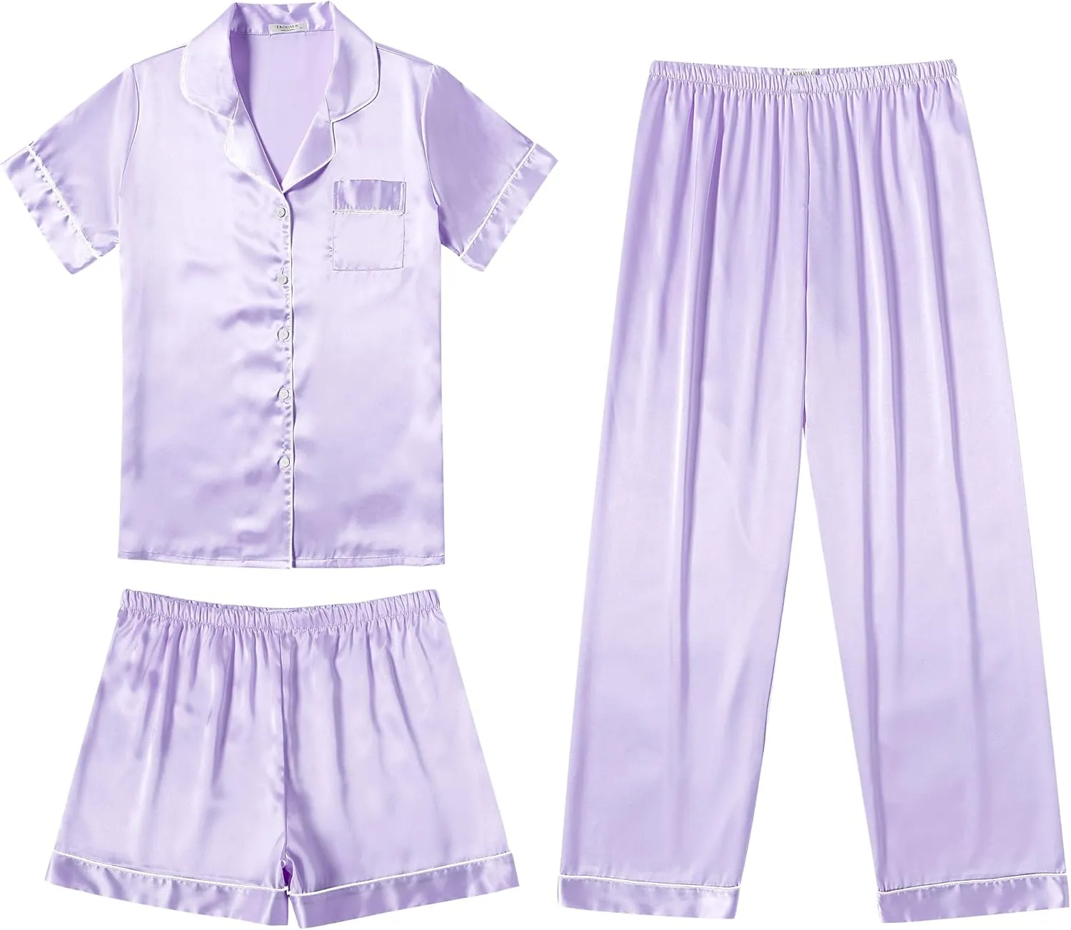 Ekouaer Silk Satin Pajama Set for Women Soft Short Sleeve Button Down Pj Sets 3 Piece Sleepwear Loungewear S-XXL