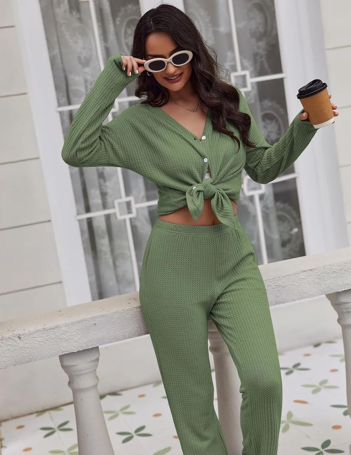 Ekouaer Womens Waffle Knit Pajamas Loungewear Two-piece Sleepwear Button-Down Pj Set with Pockets
