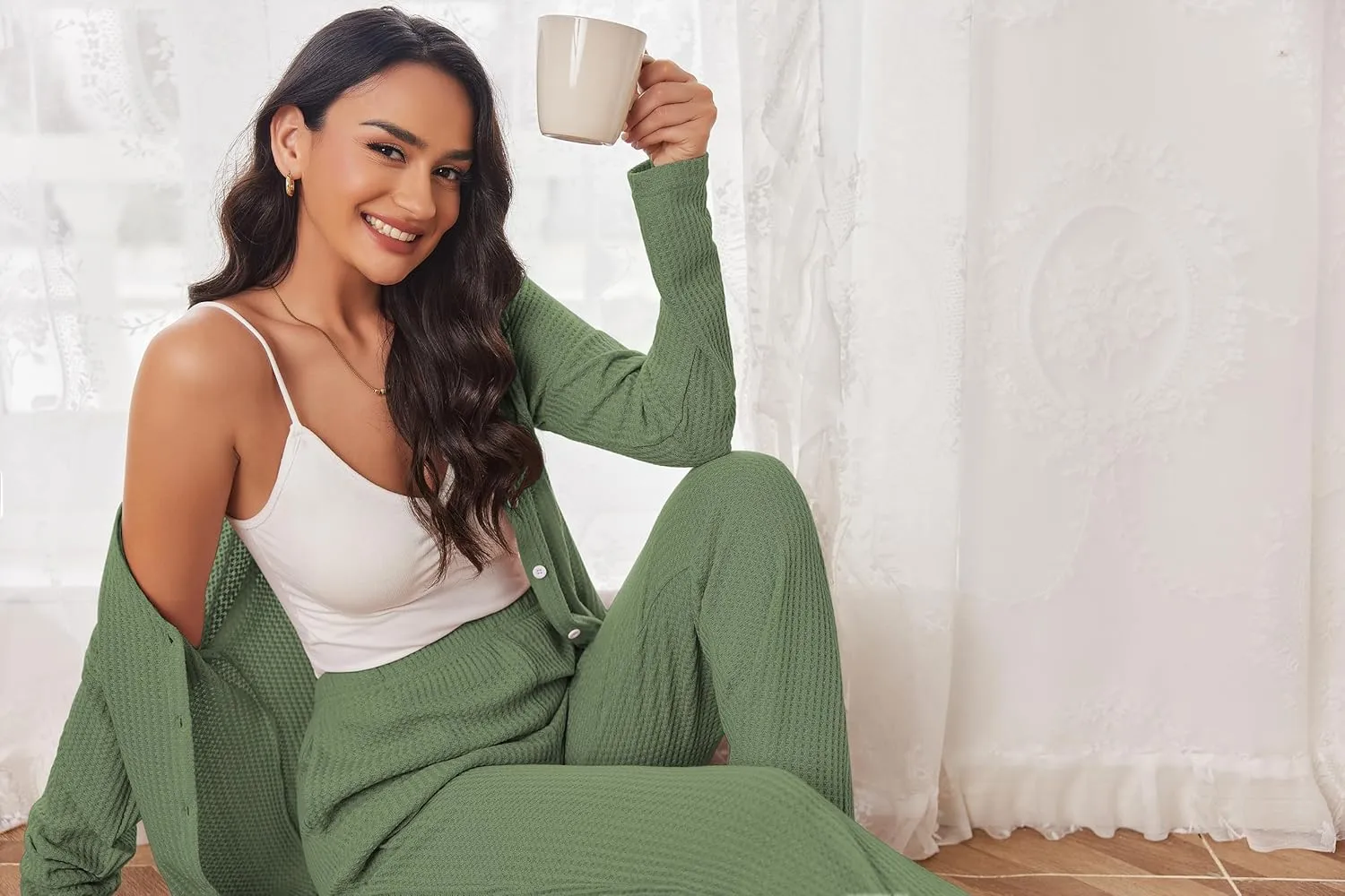 Ekouaer Womens Waffle Knit Pajamas Loungewear Two-piece Sleepwear Button-Down Pj Set with Pockets