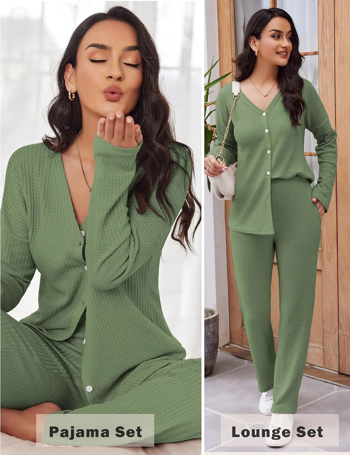 Ekouaer Womens Waffle Knit Pajamas Loungewear Two-piece Sleepwear Button-Down Pj Set with Pockets