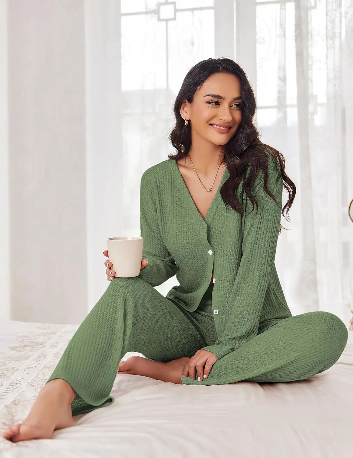 Ekouaer Womens Waffle Knit Pajamas Loungewear Two-piece Sleepwear Button-Down Pj Set with Pockets