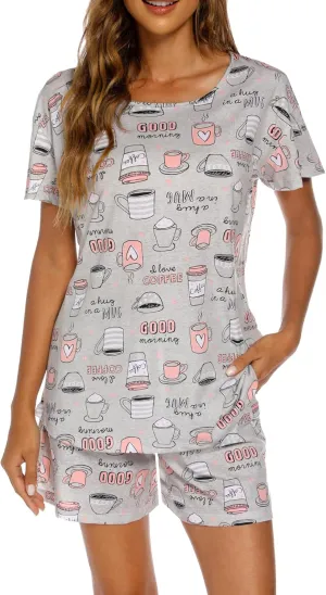 ENJOYNIGHT Womens Pajama Shorts Sets Cotton Pjs Summer Cute Sleepwear with Pockets