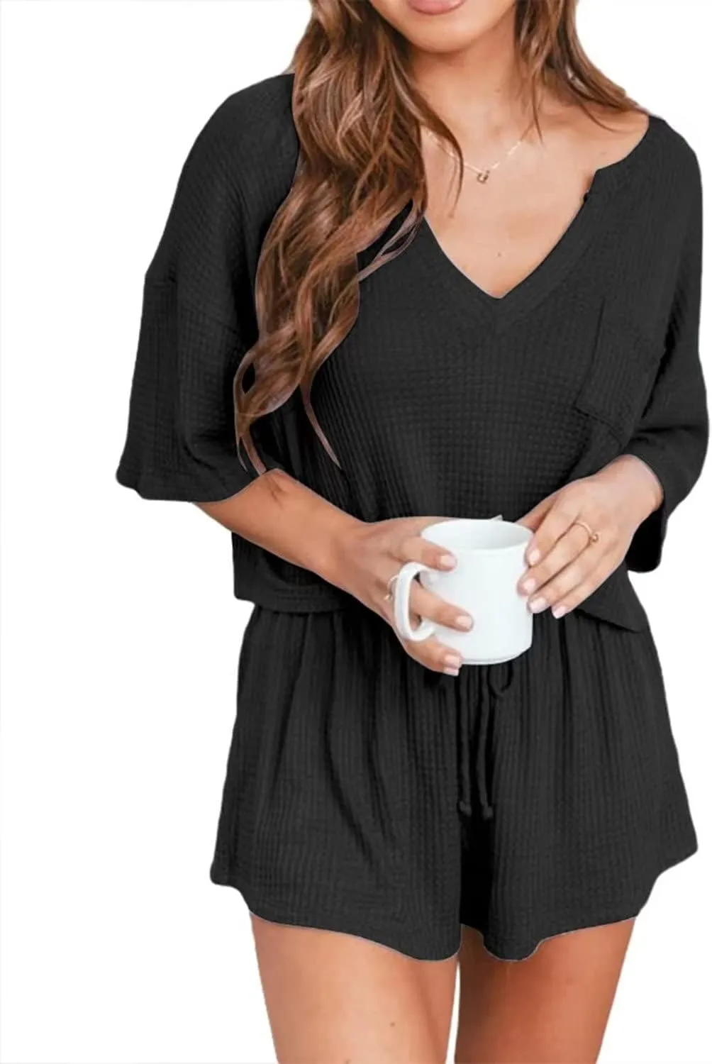 Ezbelle Women's V Neck Waffle Knit Pajamas Set Short Sleeve Crop Tops with Shorts 2 Piece Outfit Lounge Set
