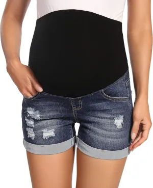 Foucome Maternity Denim Shorts Over Bump Ripped Distressed Folded Hem Blue Jean Shorts Comfy Summer Pregnancy Shorts