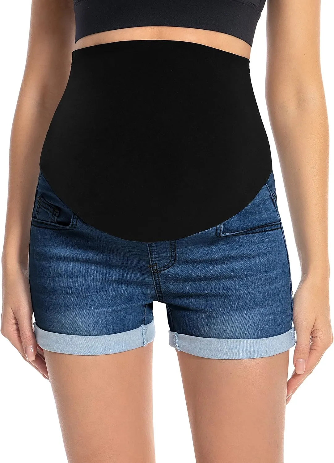 Foucome Maternity Denim Shorts Over Bump Ripped Distressed Folded Hem Blue Jean Shorts Comfy Summer Pregnancy Shorts