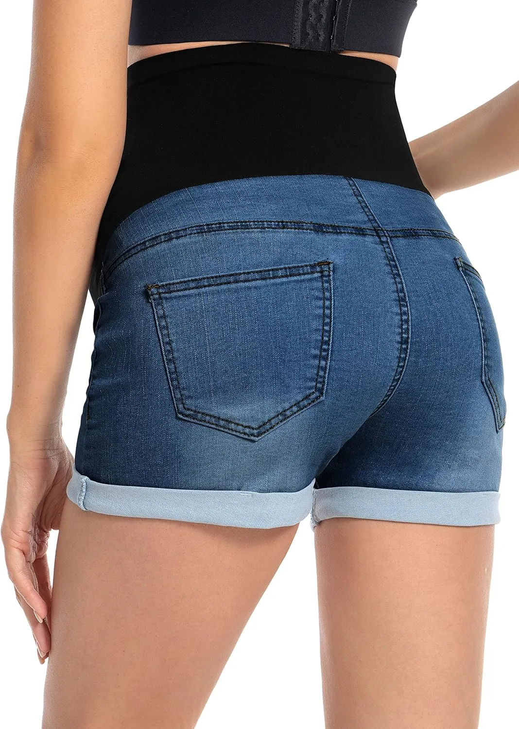 Foucome Maternity Denim Shorts Over Bump Ripped Distressed Folded Hem Blue Jean Shorts Comfy Summer Pregnancy Shorts