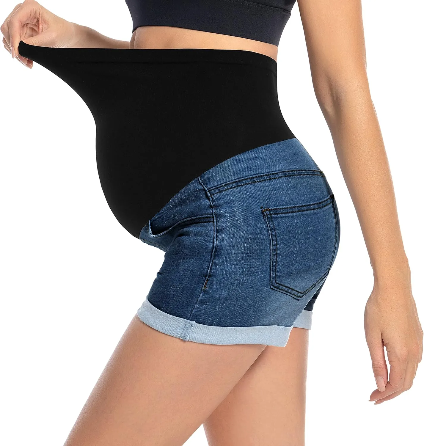Foucome Maternity Denim Shorts Over Bump Ripped Distressed Folded Hem Blue Jean Shorts Comfy Summer Pregnancy Shorts
